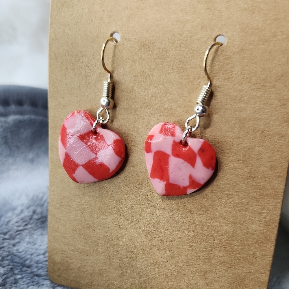 Handmade Dangle Heart-Shaped Red and Pink Earrings